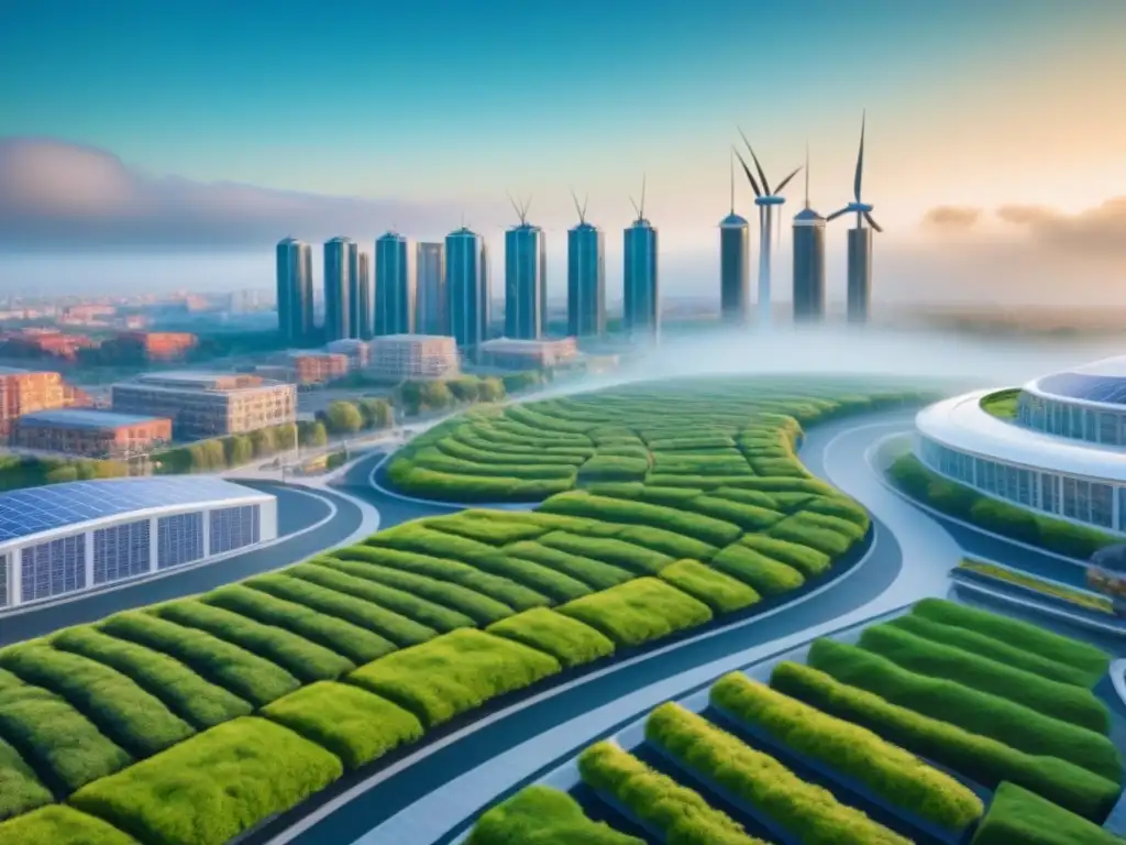 Metrópolis futurista sostenible: inversión inmobiliaria verde Una ciudad futurista con edificios ecológicos y tecnologías verdes