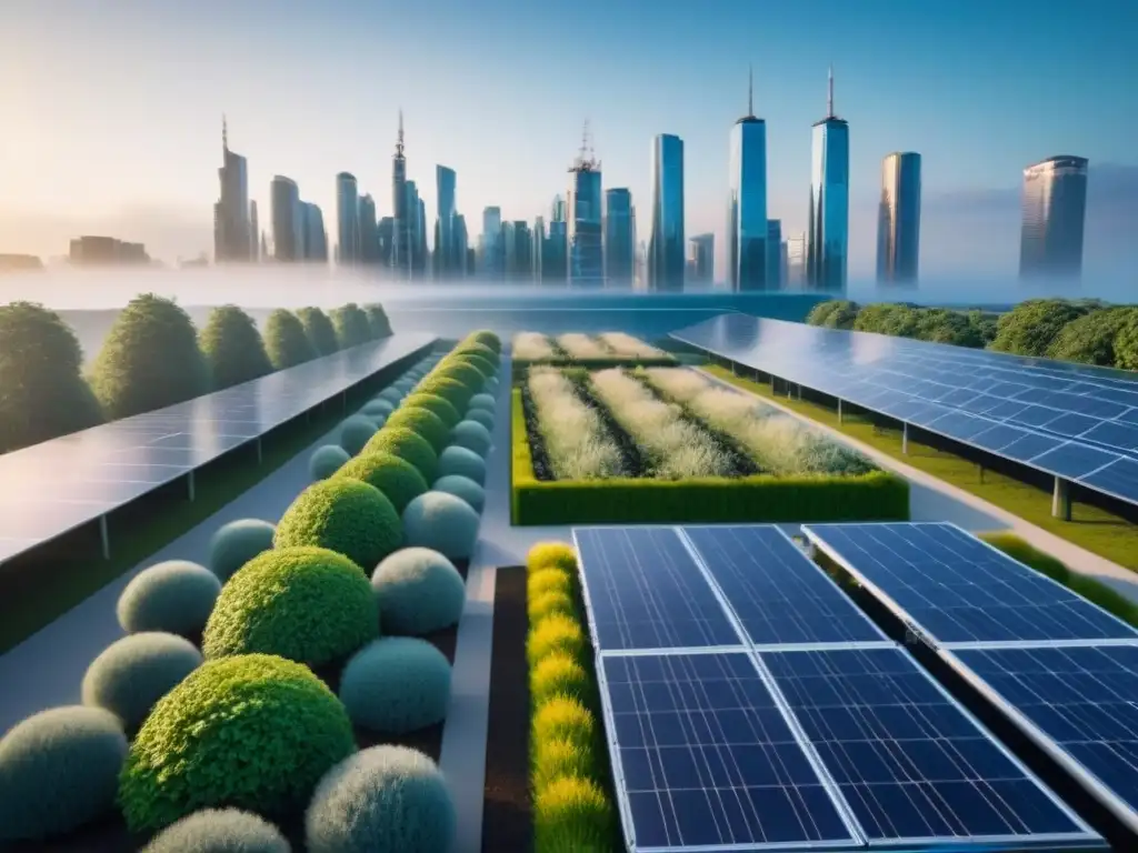 Una ciudad futurista con edificios energéticamente eficientes y vegetación exuberante, reduciendo la huella de carbono