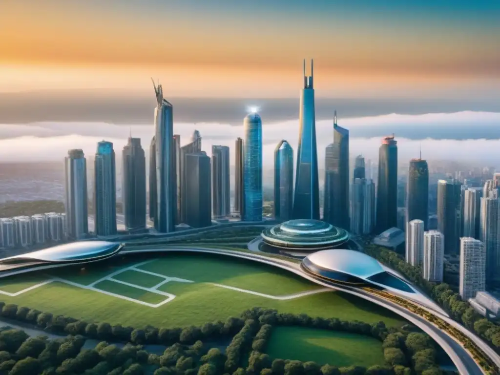 Metrópolis futurista: arquitectura innovadora y tecnología avanzada Una ciudad futurista con edificios innovadores que fusionan naturaleza y tecnología
