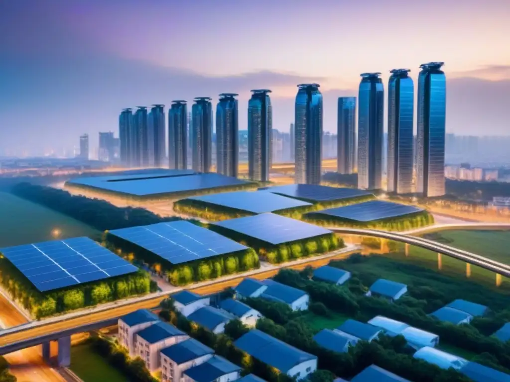 Ecoinnovación urbana: ciudad futurista sostenible al atardecer Una ciudad futurista al anochecer con edificios interconectados, paneles solares, luces LED y vehículos eléctricos