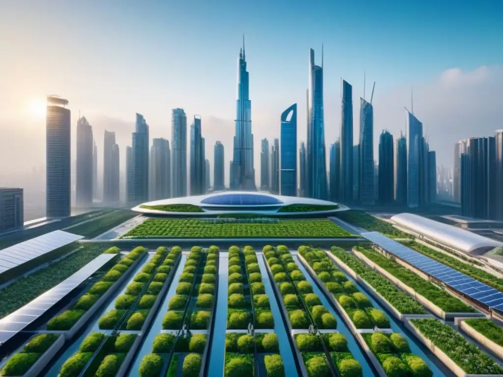Futurista ciudad sostenible: innovación y tecnología verde Una ciudad futurista con edificios modernos y tecnologías verdes