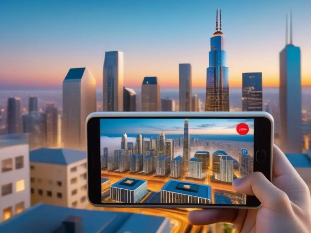 Metrópolis Futurista en 8K con Realidad Aumentada Descubre una ciudad futurista con edificios modernos integrando Realidad aumentada en inmuebles globales