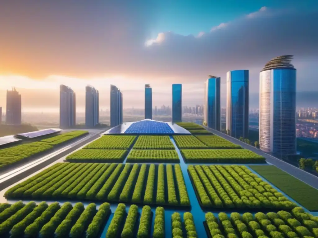 Horizonte urbano futurista: edificios verdes contra cambio climático Una ciudad futurista con edificios sostenibles integra tecnología avanzada para combatir el cambio climático