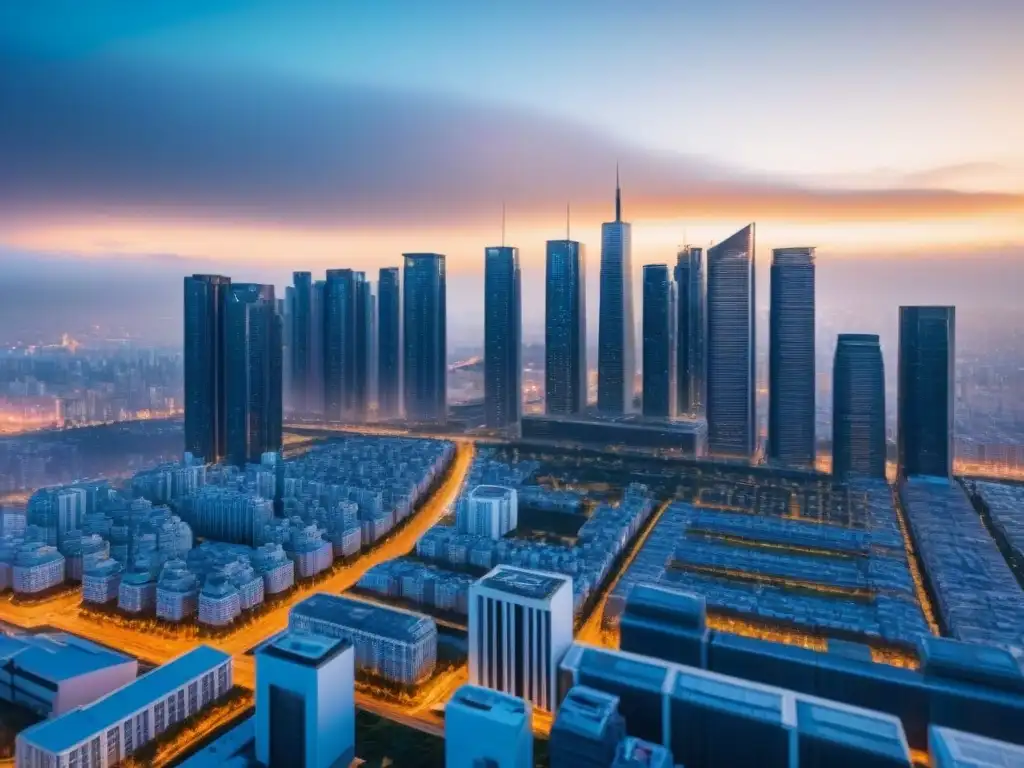 Metrópolis futurista con tecnología blockchain para títulos de propiedad Una ciudad futurista con edificios transparentes donde la tecnología blockchain transforma títulos de propiedad