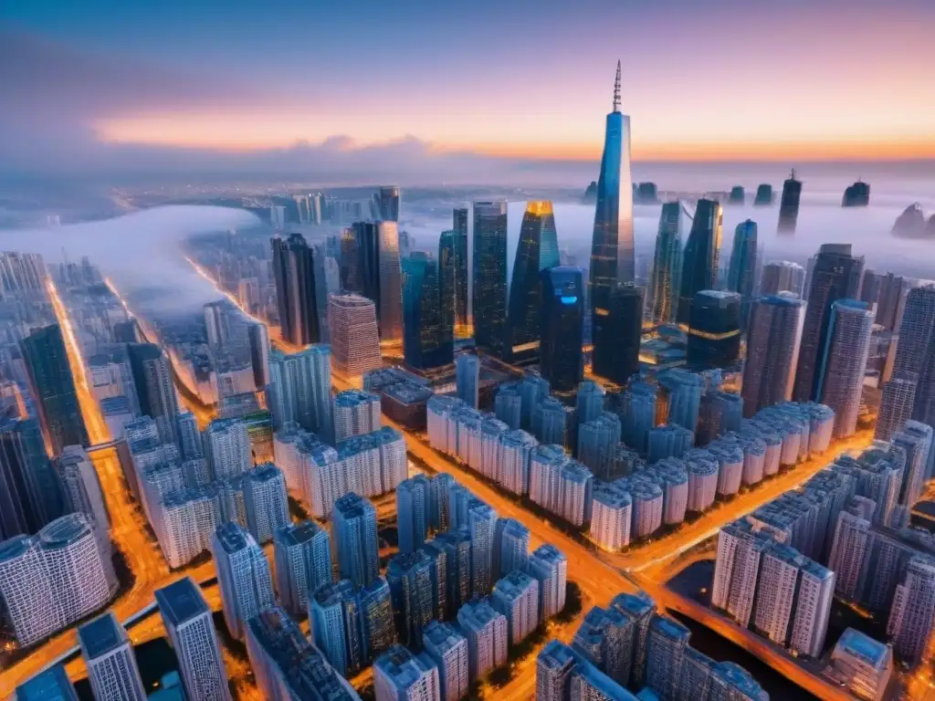 Innovación blockchain en la lucha contra la corrupción inmobiliaria Una ciudad futurista con edificios transparentes y redes blockchain, simbolizando transparencia e innovación contra corrupción inmobiliaria
