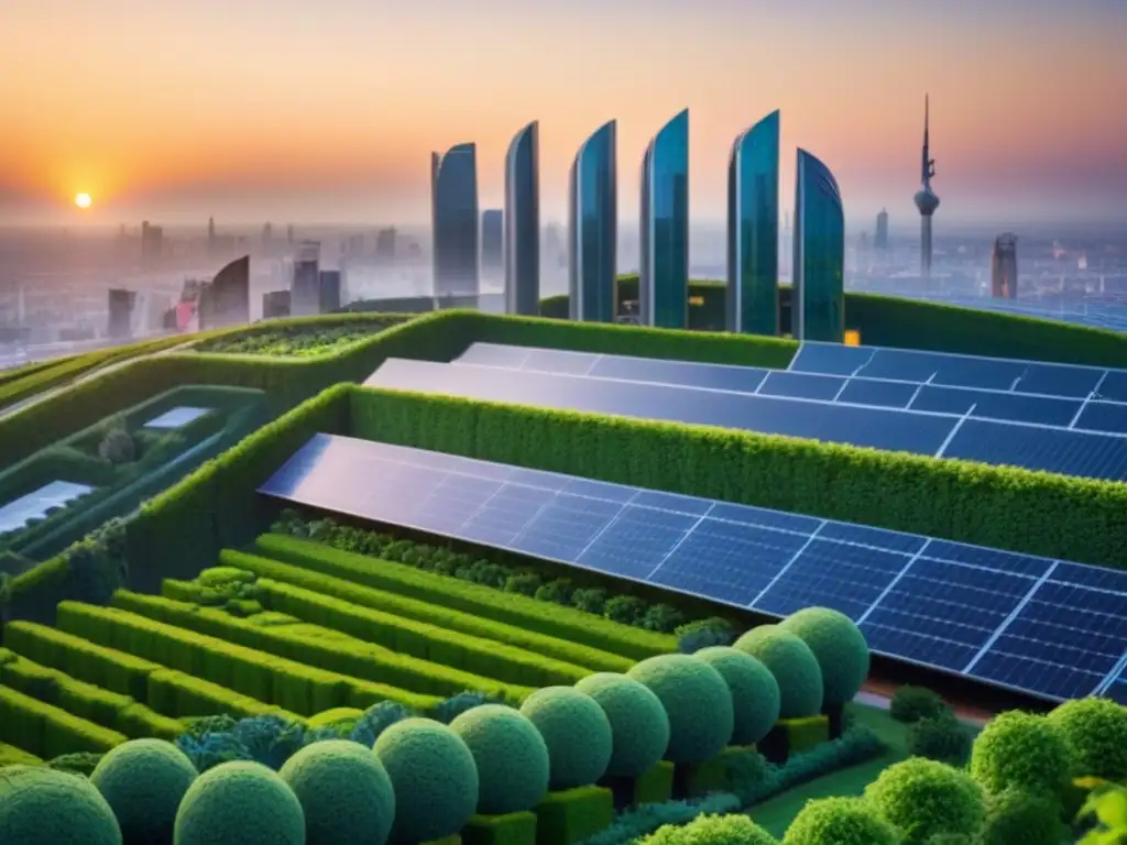 Horizonte urbano futurista con edificios verdes sostenibles Una ciudad futurista con edificios verdes sostenibles y tecnología avanzada