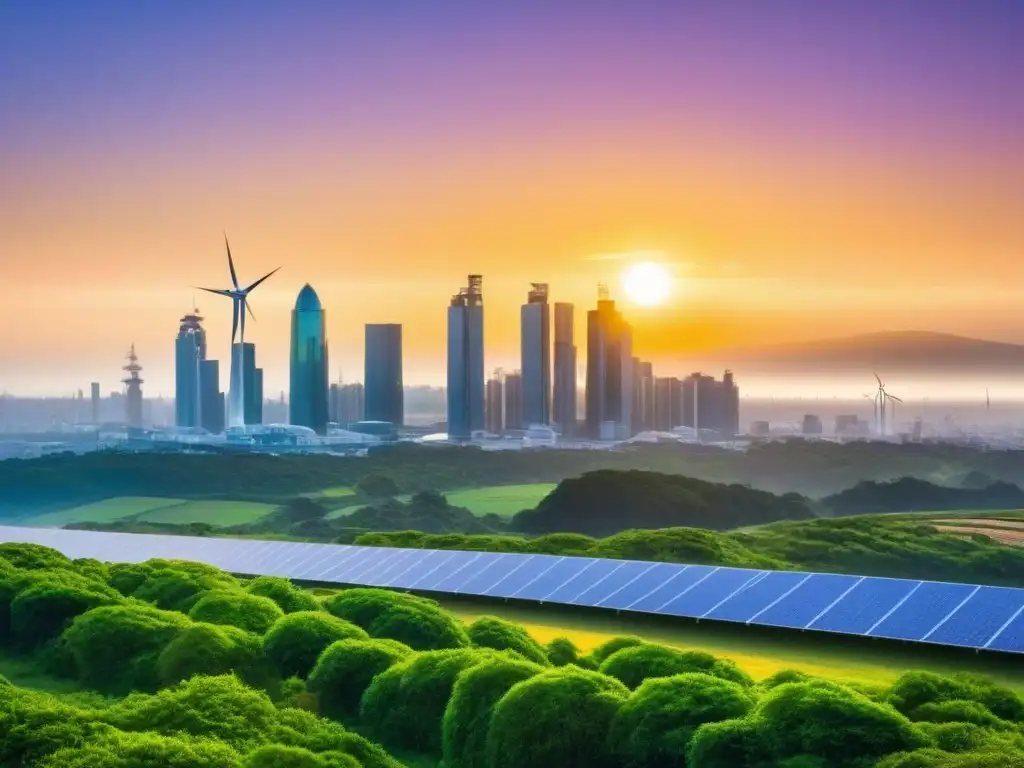 Horizonte futurista: ciudad ecológica en armonía Ciudad futurista con edificios verdes y energía renovable al atardecer