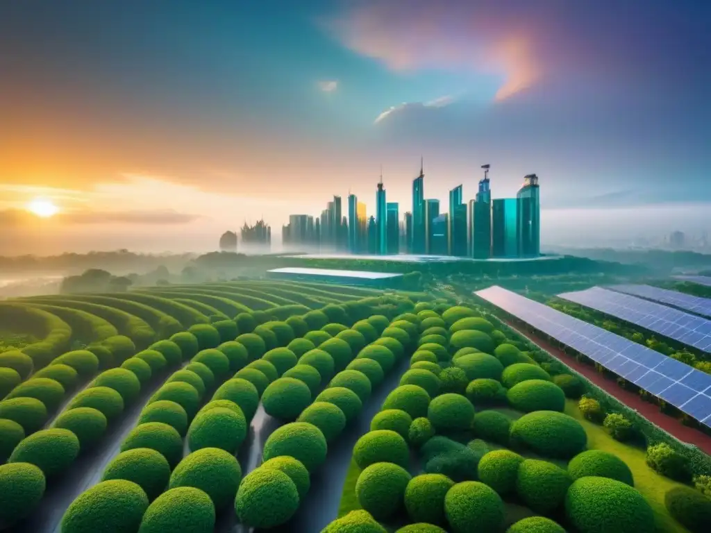 Metrópolis verde: armonía entre naturaleza y tecnología Una ciudad futurista con edificios verdes y paneles solares, mostrando la integración de tecnologías verdes en el mercado inmobiliario