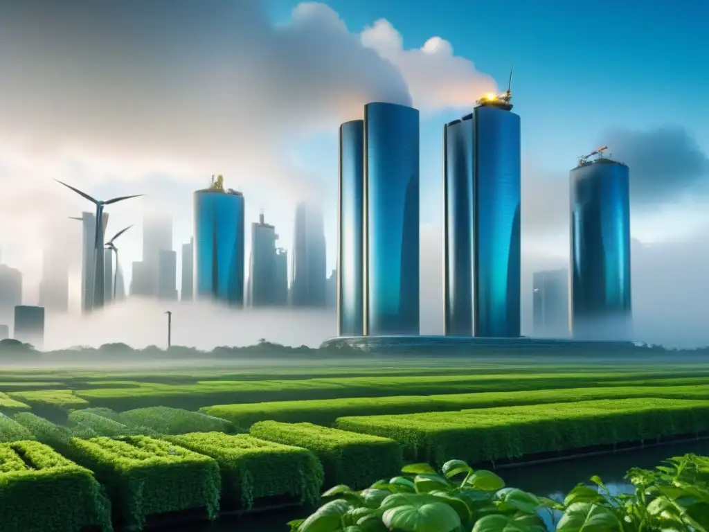 Metrópolis ecoamigable: modernidad verde en armonía Una ciudad futurista con edificios verdes en armonía con la naturaleza, reflejando normativas ambientales en la gestión de propiedades internacionales