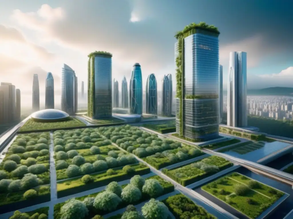 Metrópolis futurista sostenible: diseño verde y energía limpia Ciudad futurista con edificios verdes y sostenibles, fusionando naturaleza y tecnología