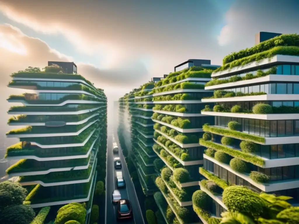 Metrópolis futurista ecoamigable: edificios verdes y tecnología sostenible Una ciudad futurista con edificios verdes y energéticamente eficientes, equipados con paneles solares y jardines verticales