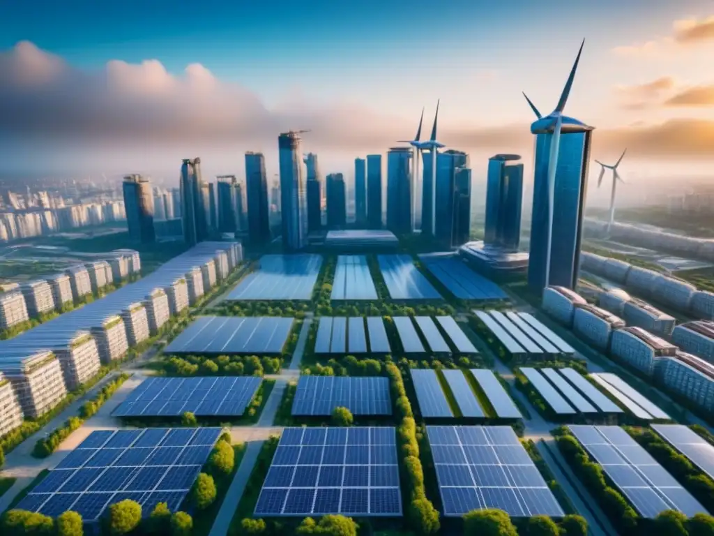 Metrópolis futurista: rascacielos ecoamigables y tecnología renovable Una ciudad futurista con rascacielos energéticamente eficientes, paneles solares y turbinas eólicas, rodeados de vegetación
