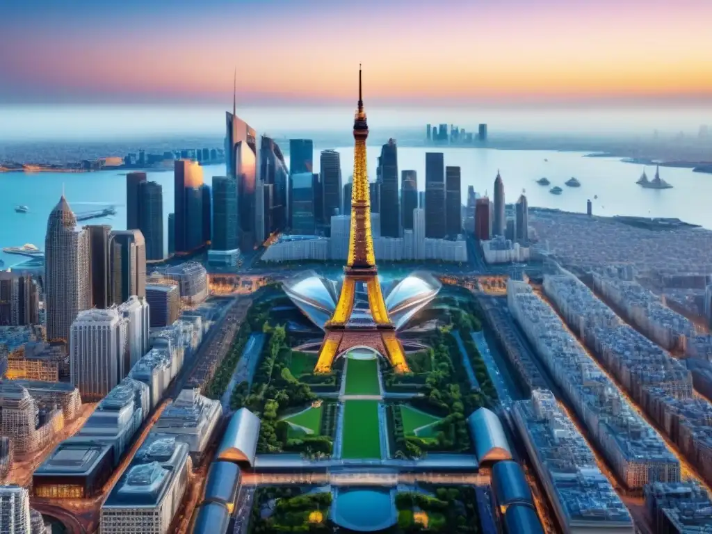 Skyline global: fusion de iconos mundiales en una metrópolis futurista Una ciudad futurista global con emblemáticos edificios internacionales fusionados, reflejando innovación y conexión mundial