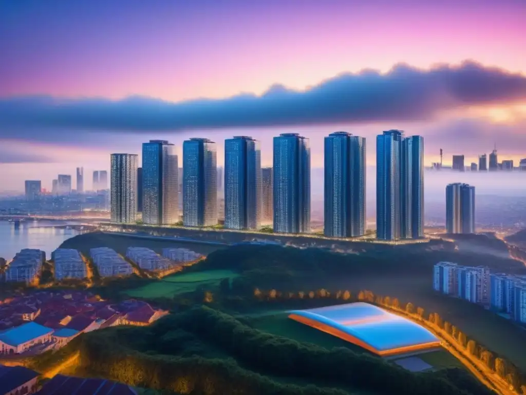 Innovación urbana: oportunidades de crowdfunding inmobiliario Una ciudad futurista iluminada, donde se fusionan arquitecturas tradicionales y modernas, ideal para pequeños inversores en Crowdfunding inmobiliario