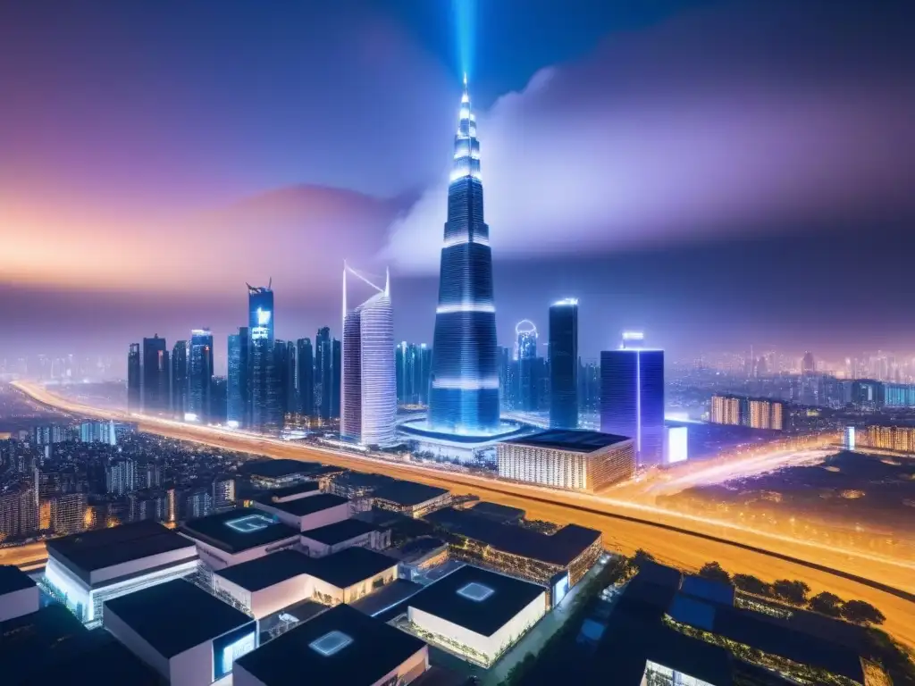 Skyline futurista: criptomonedas y bienes raíces Una ciudad futurista iluminada por criptomonedas, fusionando inversión inmobiliaria con criptomonedas en un paisaje vanguardista