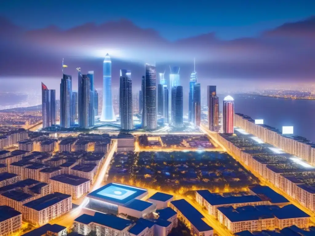 Metrópolis futurista: IA en marketing inmobiliario Una ciudad futurista iluminada por hologramas con drones de IA optimizando estrategias de marketing inmobiliario personalizado