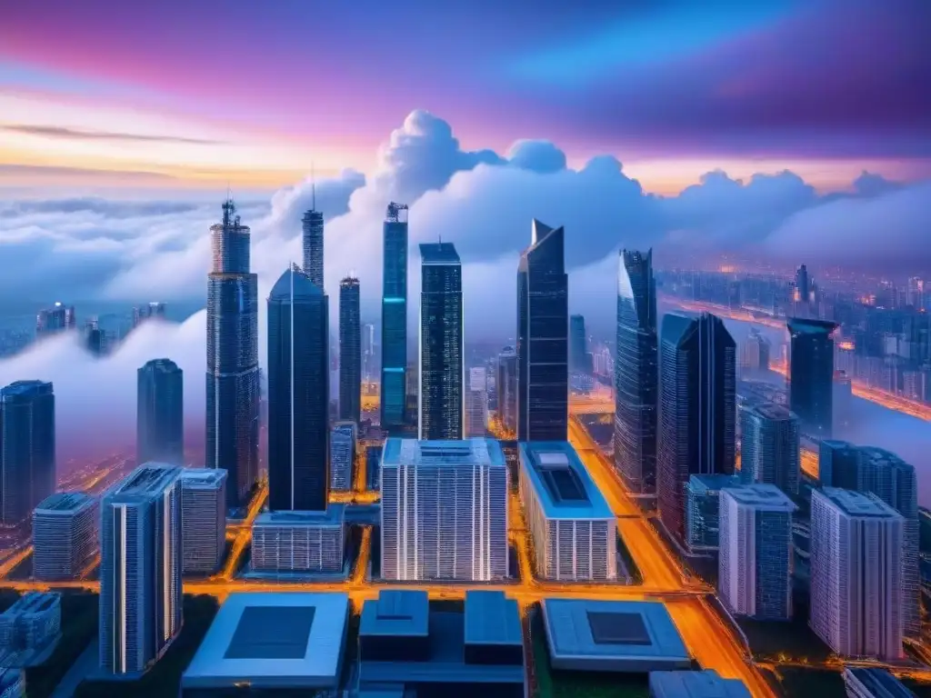 Metrópolis futurista: eficiencia de plataformas en la gestión inmobiliaria Una ciudad futurista iluminada con luces suaves y coloridas, con formaciones de nubes sobre modernos rascacielos