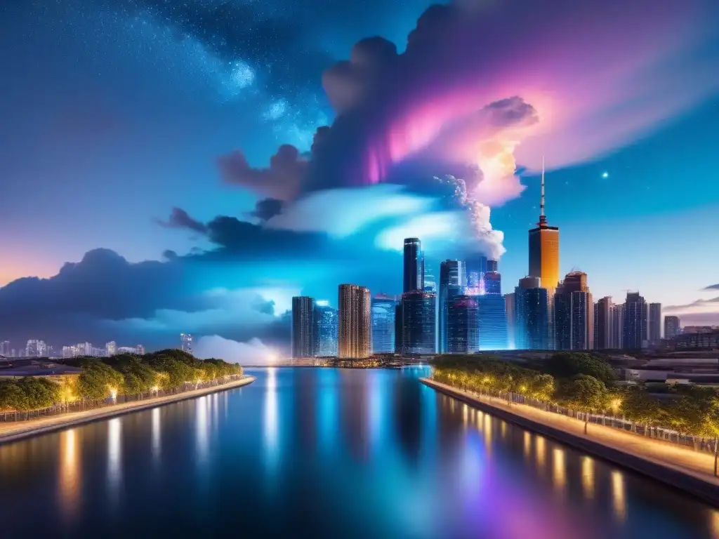Futurista ciudad nocturna: luces vibrantes y estrellas brillantes Una ciudad futurista iluminada por luces vibrantes, reflejadas en el agua, bajo un cielo estrellado