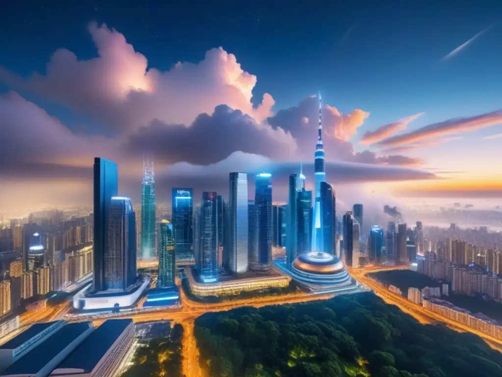 Metrópolis futurista: propiedades globales en la nube Una ciudad futurista iluminada por luces vibrantes y servidores de nube, reflejando la gestión de propiedades internacionales en la nube