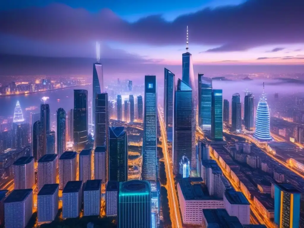 Horizonte futurista: Big Data revoluciona predicciones inmobiliarias Una ciudad futurista iluminada por luces de neón con rascacielos y pantallas digitales mostrando tendencias inmobiliarias globales Big Data