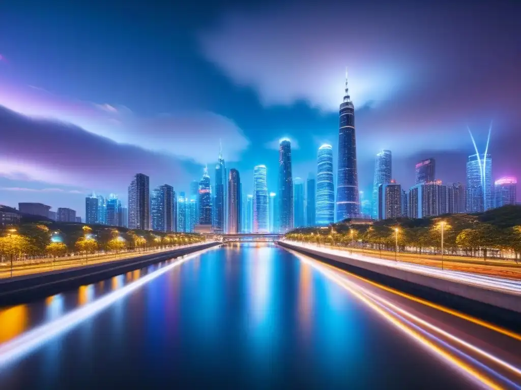 Influencers innovando en metrópolis futurista nocturna Una ciudad futurista iluminada por luces LED, con rascacielos y un río brillante