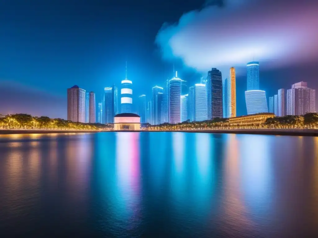 Metrópolis futurista: inversiones inmobiliarias con criptomonedas Una ciudad futurista iluminada por luces de neón, reflejándose en el agua, con símbolos de criptomonedas