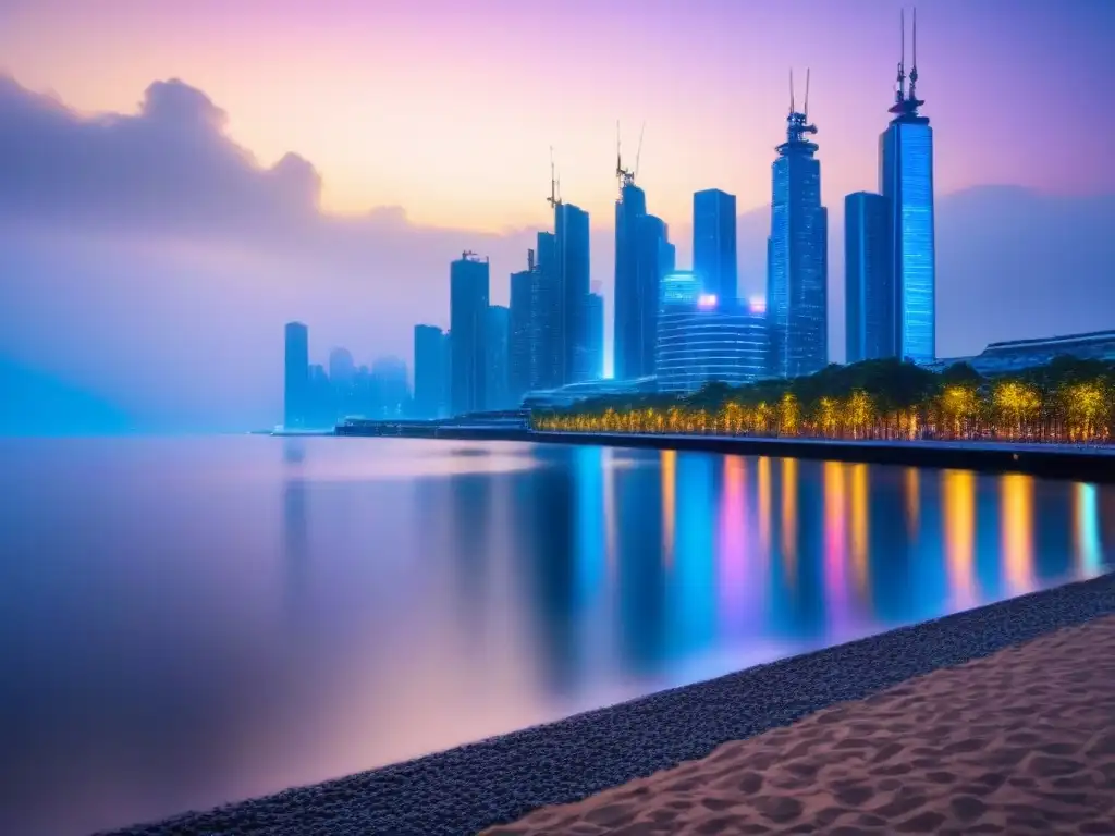 Una ciudad futurista iluminada por luces LED, reflejos en un agua cristalina