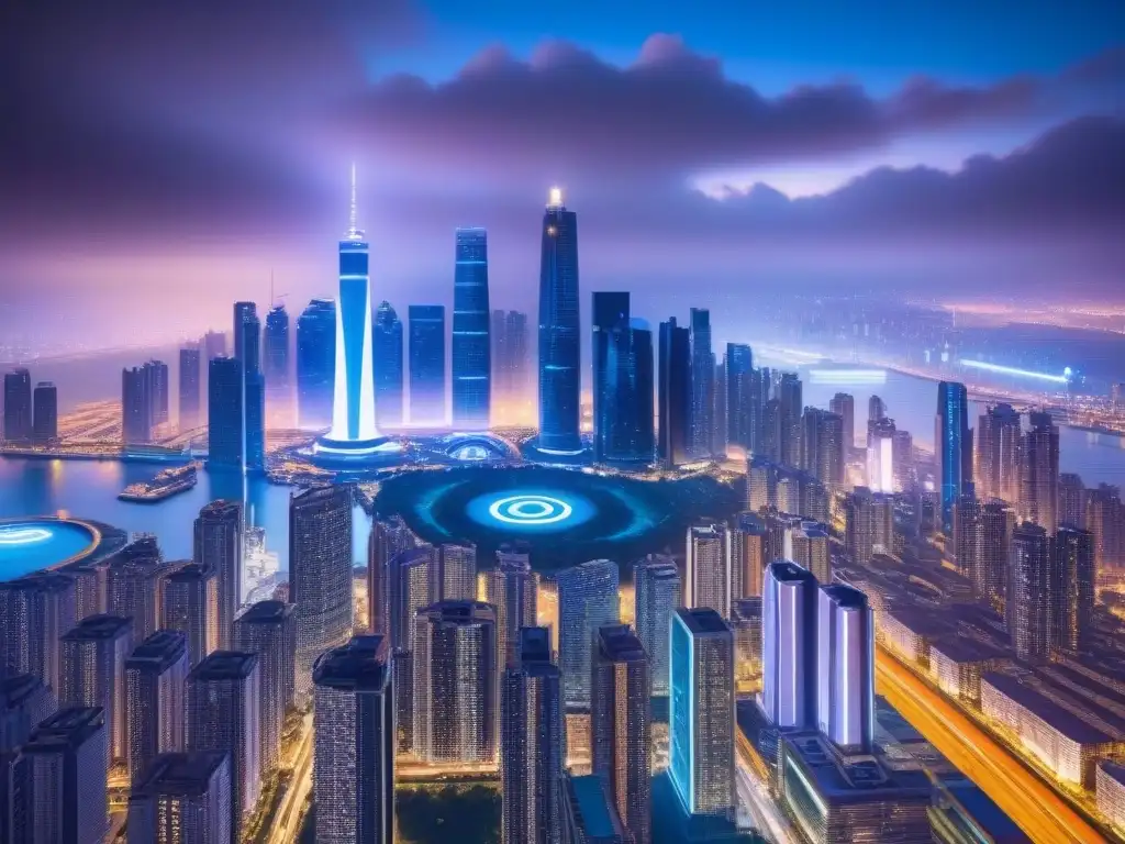 Skyline futurista: inversión inmobiliaria vs criptomonedas Una ciudad futurista iluminada con luces de neón y rascacielos, representando la inversión inmobiliaria internacional con criptomonedas
