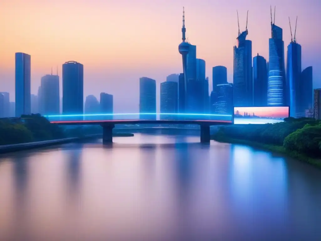 Horizonte futurista: luces y tecnología en la ciudad moderna Una ciudad futurista iluminada por luces vibrantes, reflejadas en el río, con tecnología en inversión inmobiliaria internacional