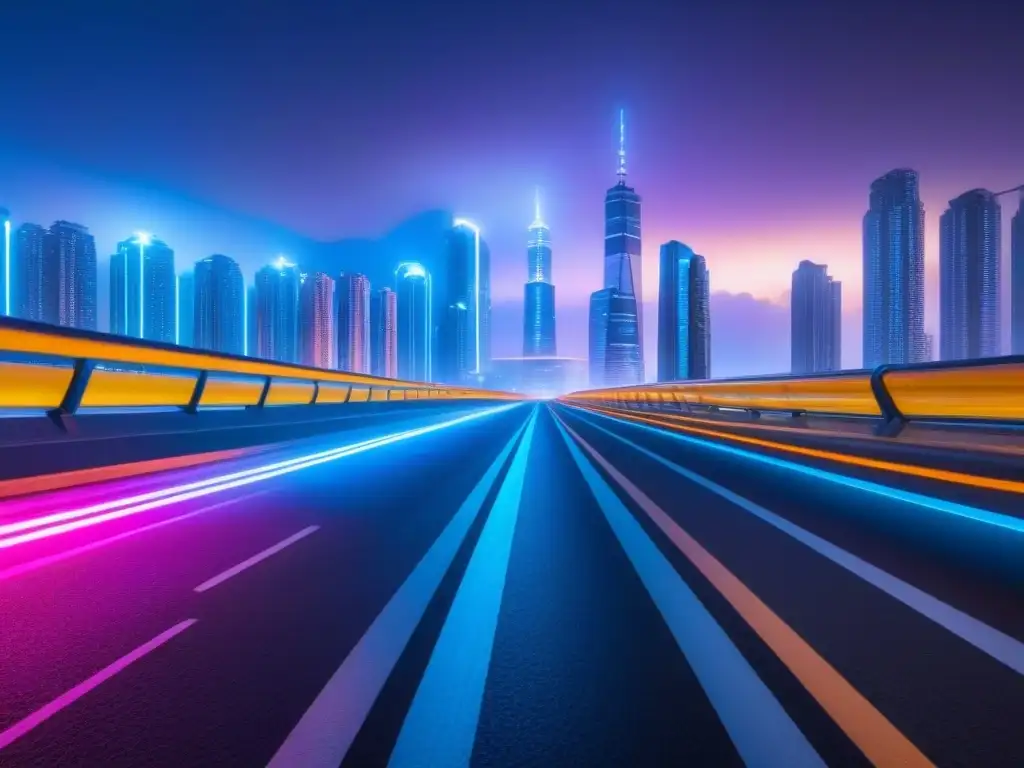 Ciudad futurista con luces neón y tecnología inteligente Una ciudad futurista iluminada por luces de neón, con tecnología inteligente en edificios y calles, reflejando inversiones inmobiliarias