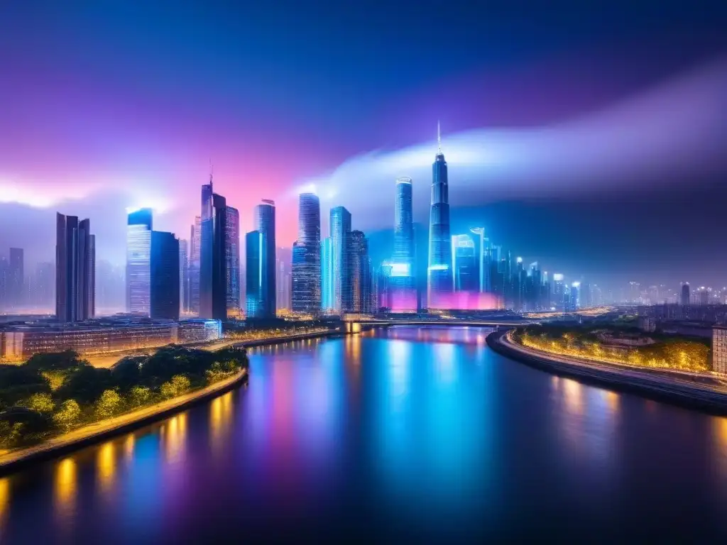Metrópolis futurista: rascacielos iluminados en la noche Una ciudad futurista iluminada por luces neón, reflejando en un río tranquilo