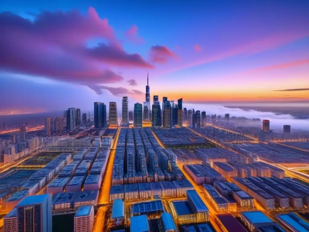 Horizonte urbano futurista: innovación en 8k Una ciudad futurista iluminada con luces vibrantes al anochecer, ideal para Modelos de Regresión para Inversiones Inmobiliarias