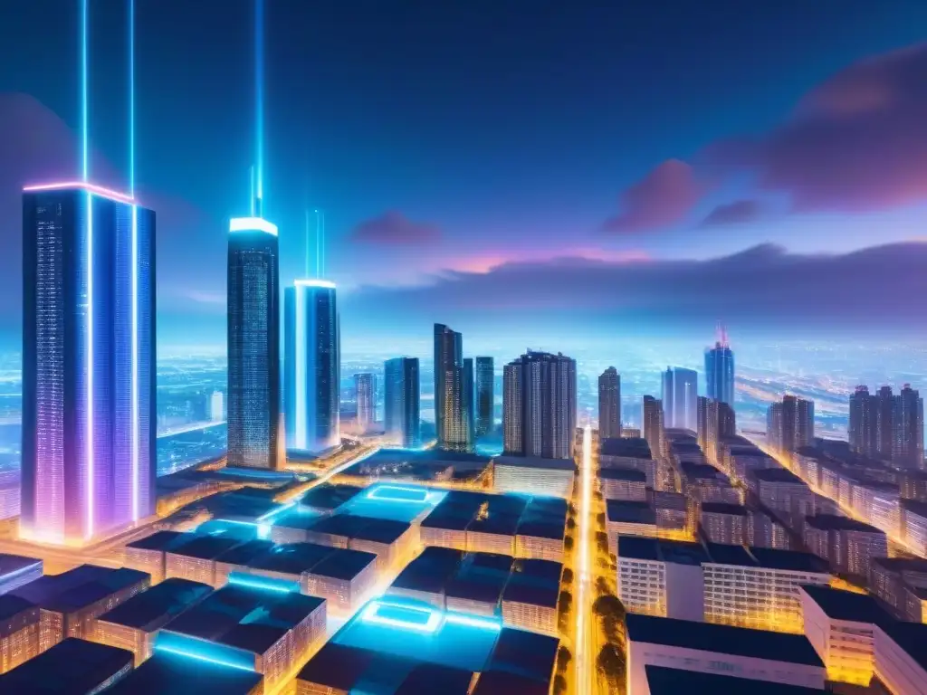 Metrópolis futurista: integración de blockchain en bienes raíces Una ciudad futurista iluminada por luces de neón, con hologramas de propiedades y tecnología blockchain