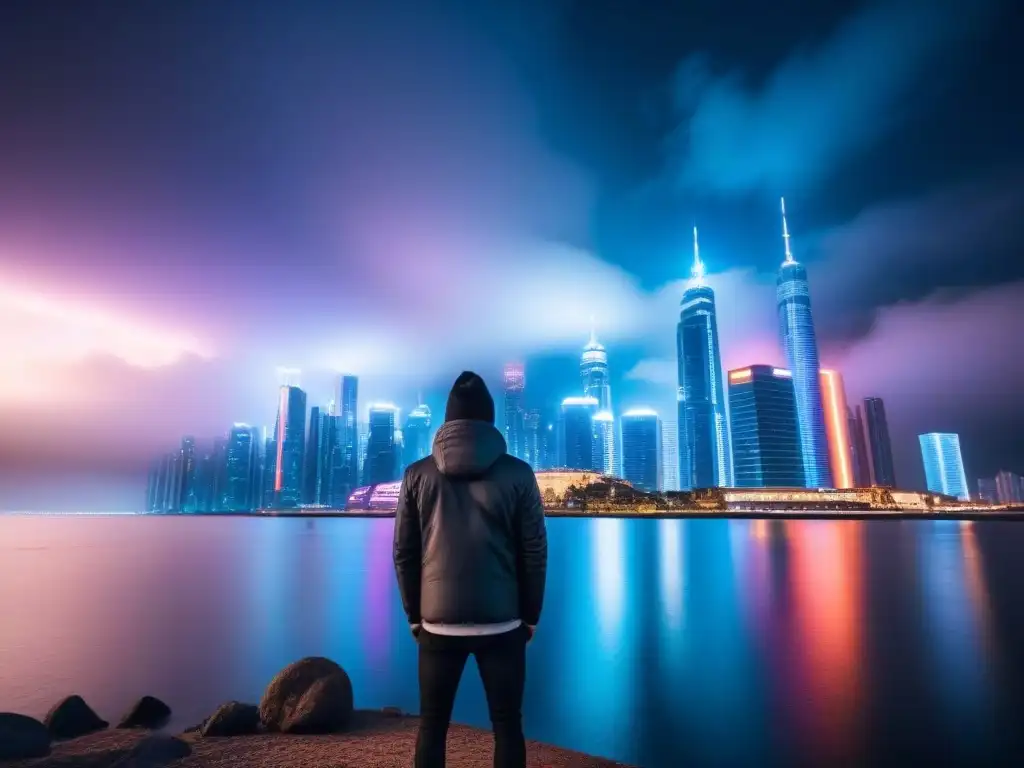 Horizonte futurista: ciudad nocturna con rascacielos iluminados Una ciudad futurista iluminada por luces neón, reflejándose en el agua