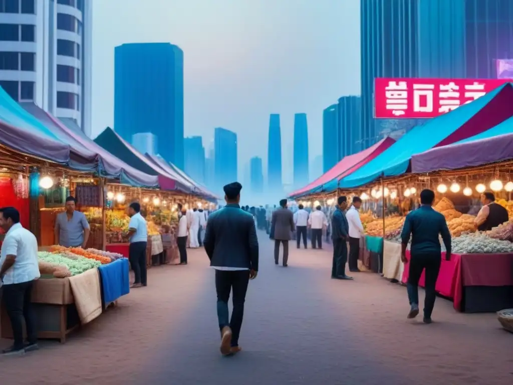 Mercado nocturno en ciudad futurista: fusionando lo moderno y local en M&A Una ciudad futurista iluminada por luces de neón, mezclando rascacielos modernos y arquitectura tradicional