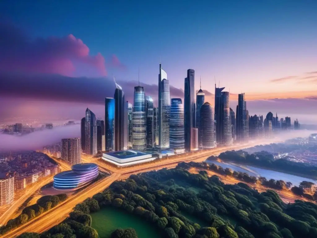 Inversión inmobiliaria: ciudad futurista al atardecer Una ciudad futurista iluminada al anochecer, representando los mejores rendimientos inversión inmobiliaria internacional