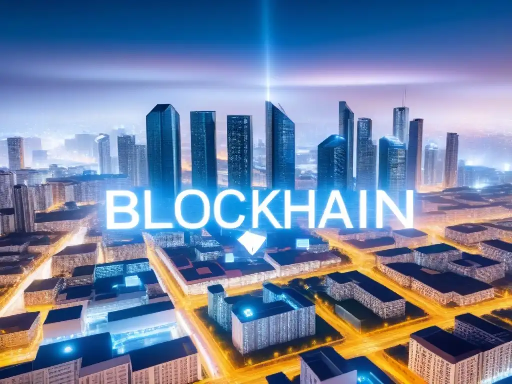 Blockchain revoluciona la inversión inmobiliaria Una ciudad futurista iluminada por la noche con tecnología blockchain integrada en transacciones inmobiliarias