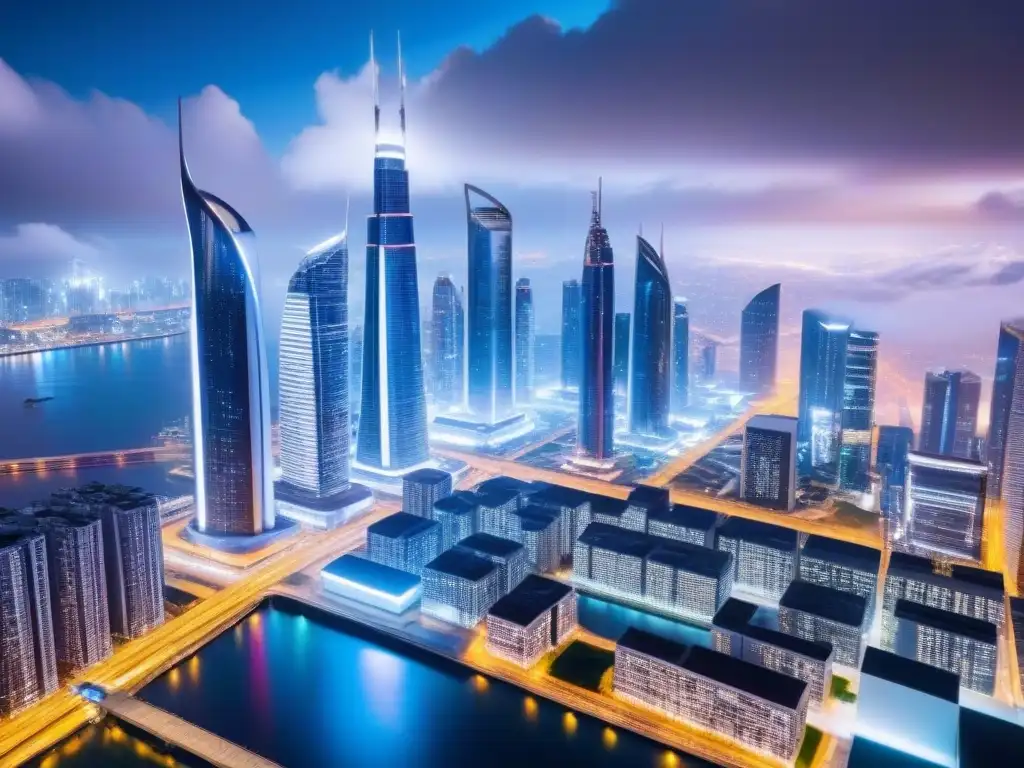 Metrópolis digital: innovación en gestión de propiedades Una ciudad futurista iluminada de noche con rascacielos digitales, reflejando innovación en plataformas de gestión inmobiliaria en la nube