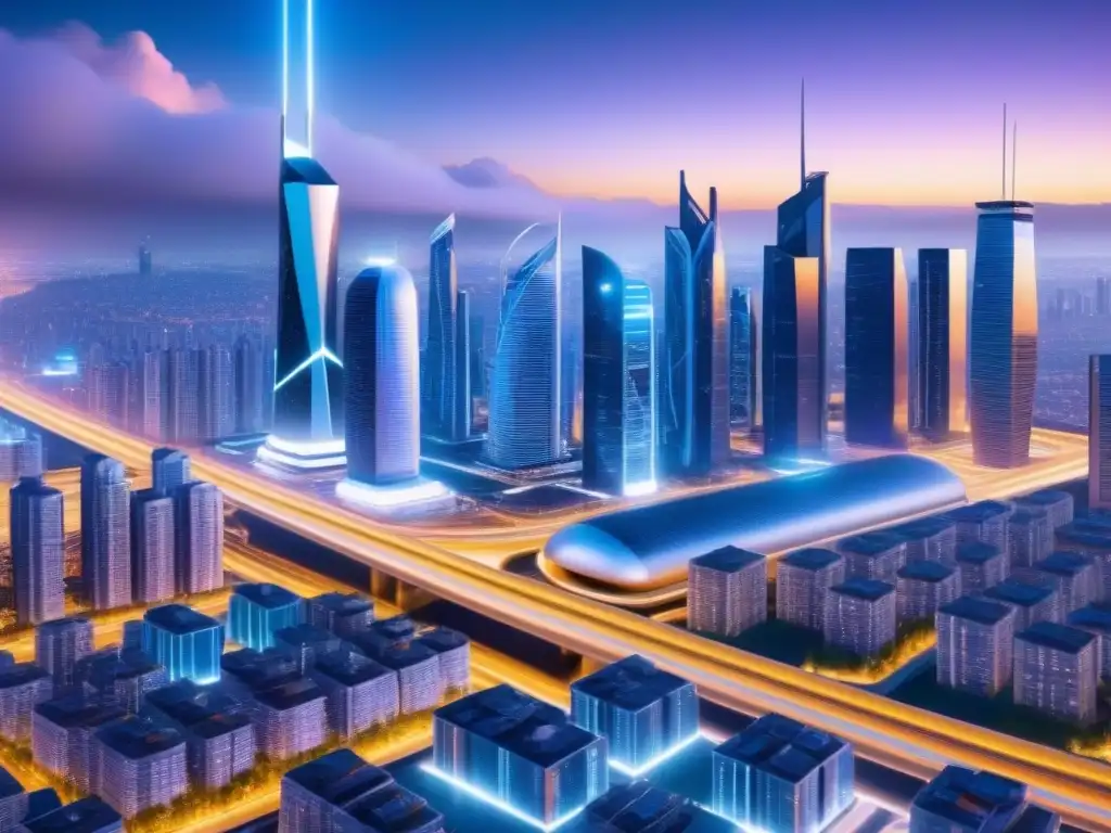 Metrópolis futurista: Tecnología avanzada y ciencia de datos Una ciudad futurista iluminada de noche con rascacielos y vehículos autónomos, simbolizando la integración de la IA en la predicción de riesgos en inversión