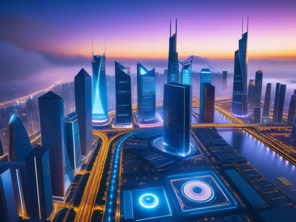Futurismo urbano nocturno: luces y drones en 8k Una ciudad futurista iluminada de noche con rascacielos y calles brillantes, drones y diseño innovador