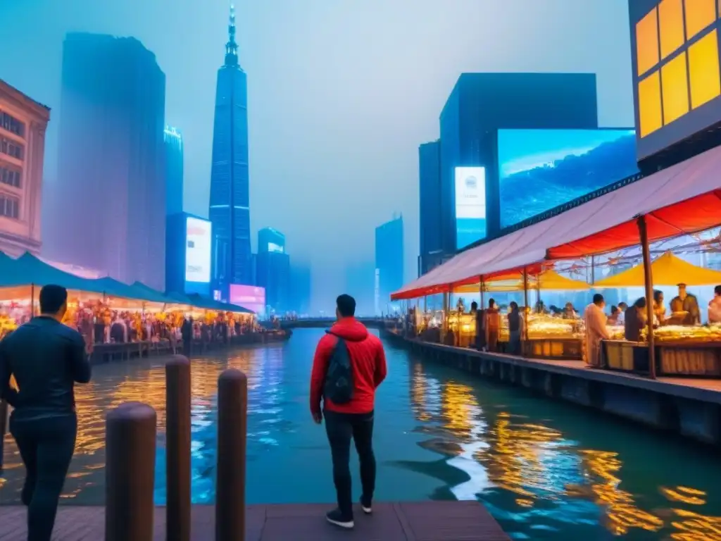 Metrópolis futurista: luces y diversidad en mercado nocturno Una ciudad futurista iluminada de noche con rascacielos y un mercado
