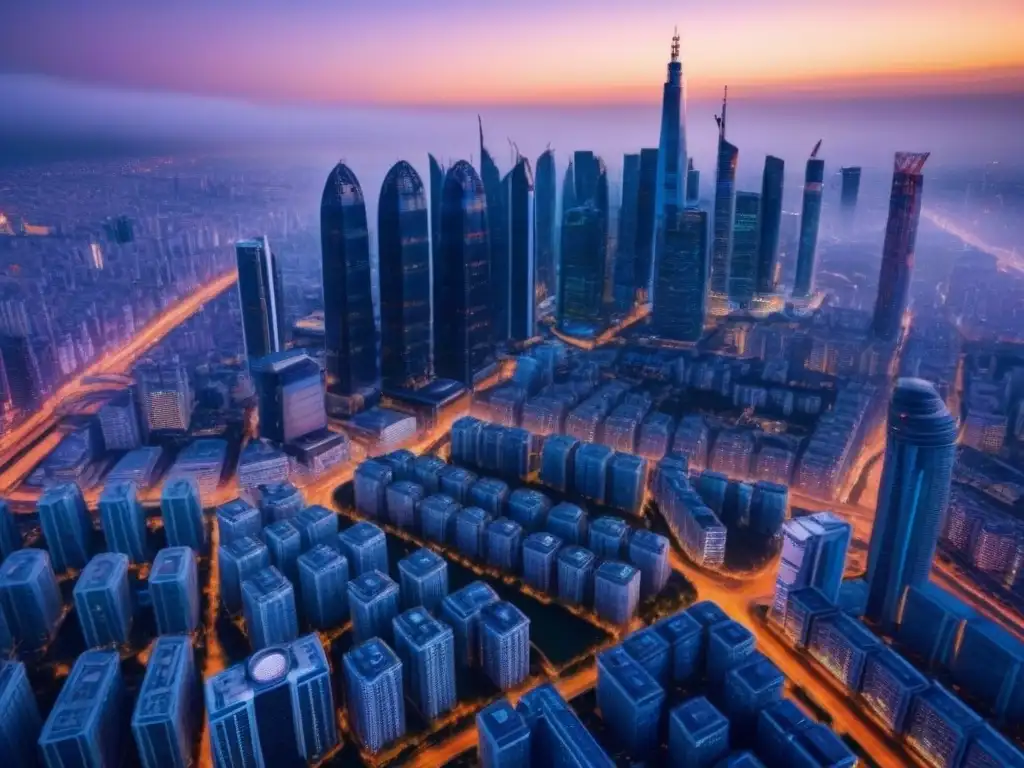 Vista aérea impactante de ciudad futurista al atardecer Una ciudad futurista iluminada por la noche, reflejo de Inversiones inmobiliarias internacionales postBrexit