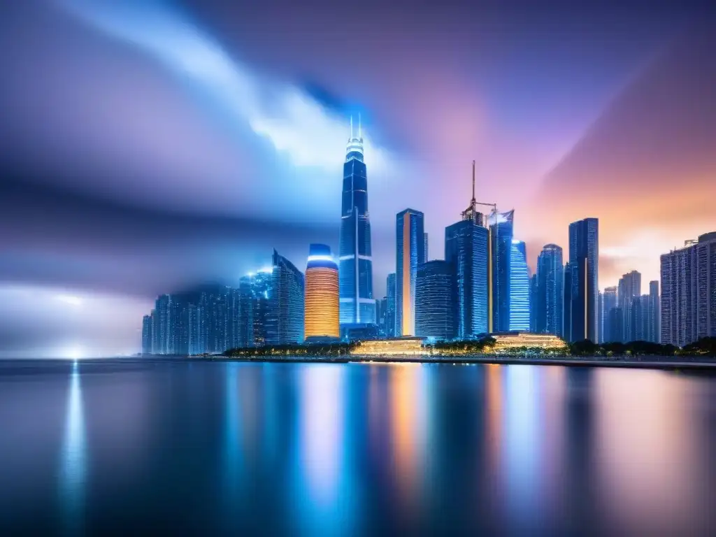 Metrópolis futurista: luces y arquitectura moderna reflejadas en agua Una ciudad futurista iluminada de noche reflejada en el agua, simbolizando diversificación internacional mercado inmobiliario