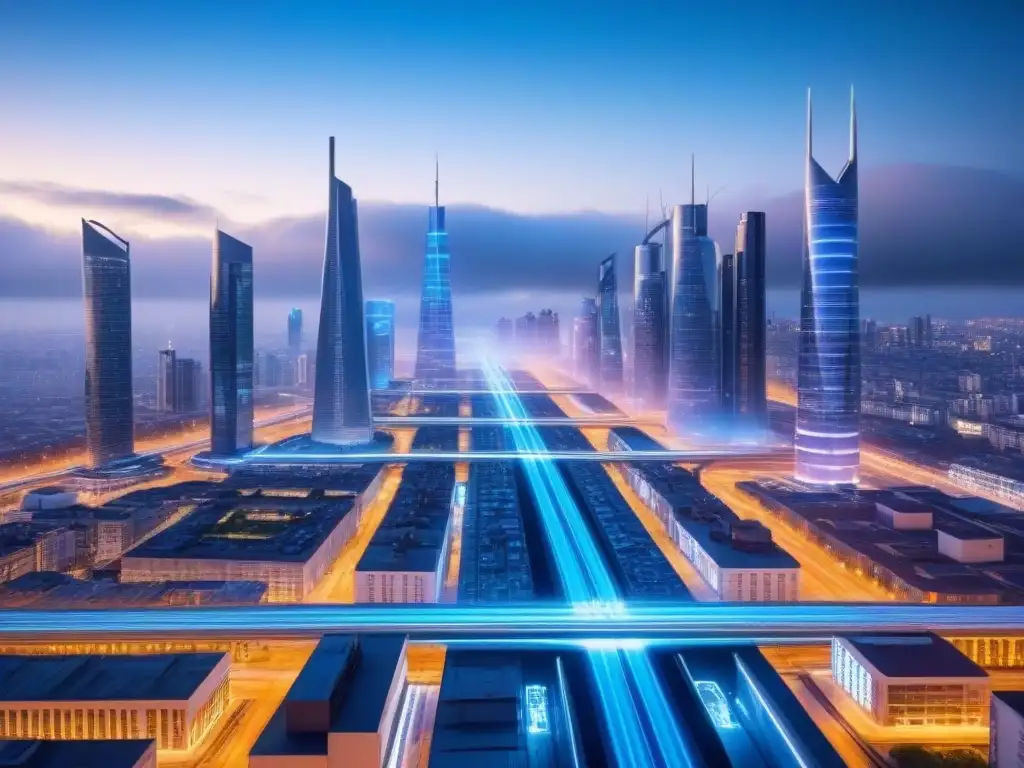Metrópolis futurista: ciudad 5G en la noche Una ciudad futurista iluminada por torres 5G, vehículos autónomos y drones, fusionando tecnología y seguridad inmobiliaria en la era del 5G