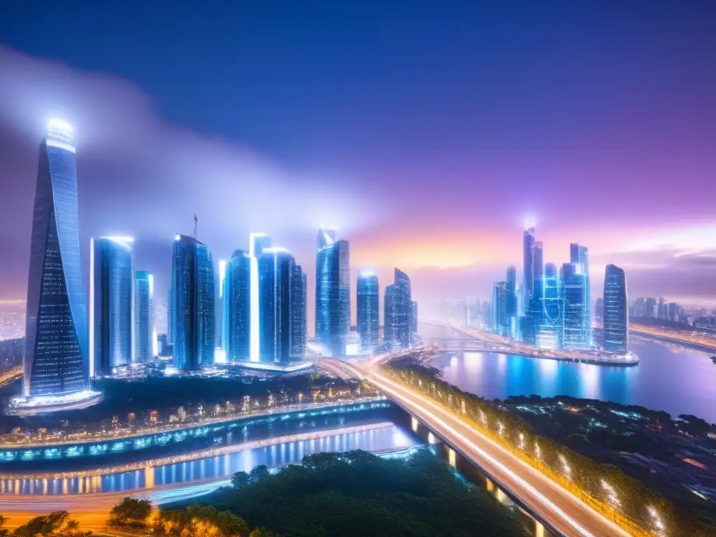 Metrópolis futurista: impuestos inmobiliarios globales en tiempo real Una ciudad futurista con impuestos sobre propiedad internacional proyectados en pantallas digitales
