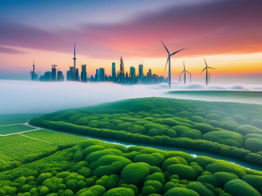 Metrópolis futurista sostenible: armonía tecnológica y natural Una ciudad futurista con infraestructuras sostenibles, naturaleza y tecnología en armonía para combatir el cambio climático