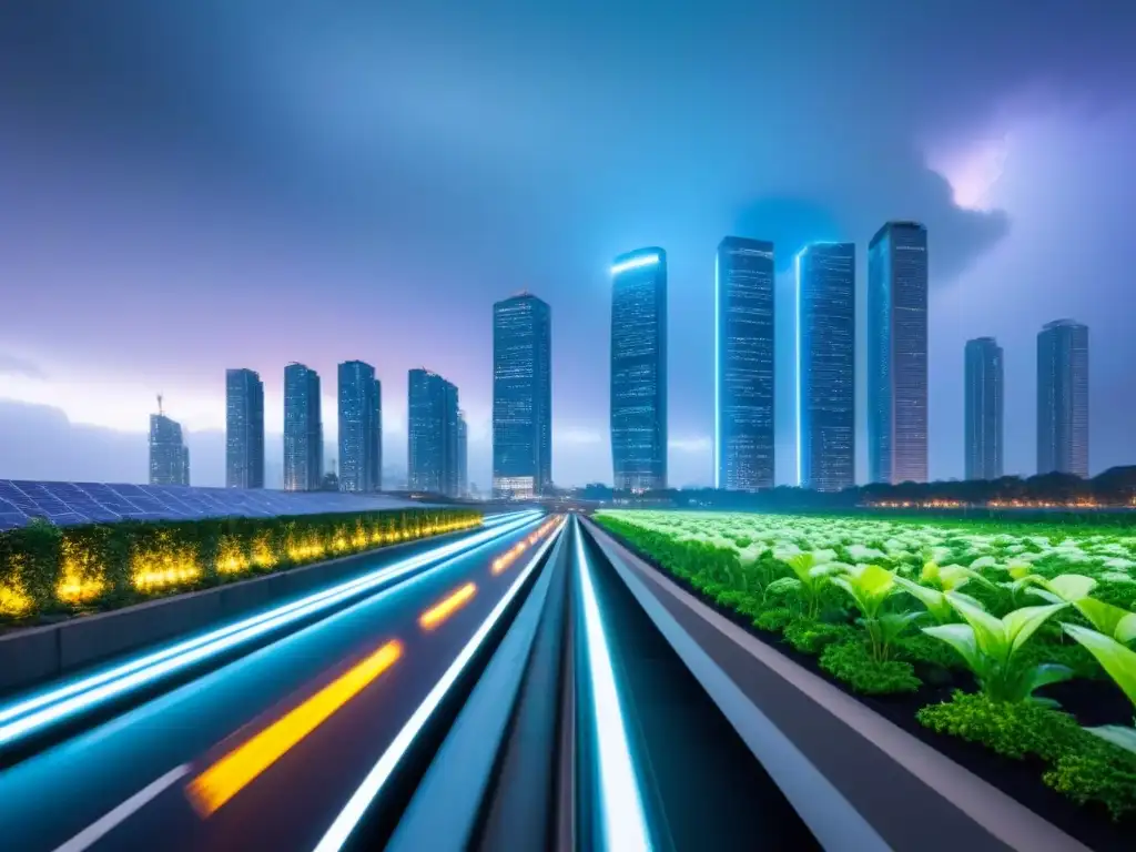 Metrópolis futurista sostenible bajo tormenta: resiliencia climática Una ciudad futurista al anochecer, con infraestructuras verdes innovadoras adaptadas al cambio climático