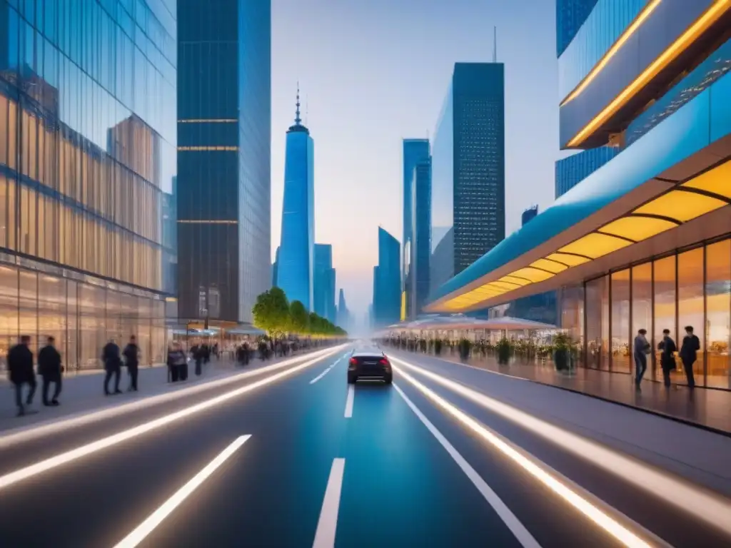 Una ciudad futurista, innovadora y eficiente con rascacielos iluminados por luces LED