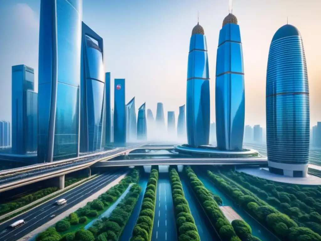 Metrópolis futurista: Visión Belt and Road Una ciudad futurista inspirada en la iniciativa Franja y Ruta, fusionando estilos arquitectónicos orientales y occidentales