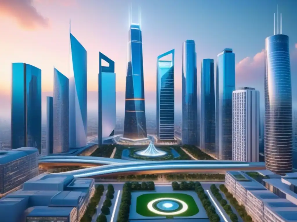 Metrópolis futurista: IA avanzada en edificios y drones Ciudad futurista con inteligencia artificial en el marketing influencer de bienes raíces